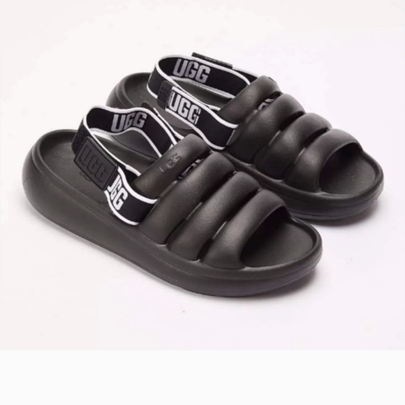 UGG Sport Yeah Sandals 9 Black Slides logo Print Backstrap - Picture 3 of 11